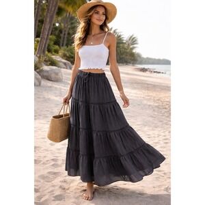 Lucky Brand Charcoal Tiered Maxi Skirt Womens sz M Elastic Waist Boho Grunge NEW